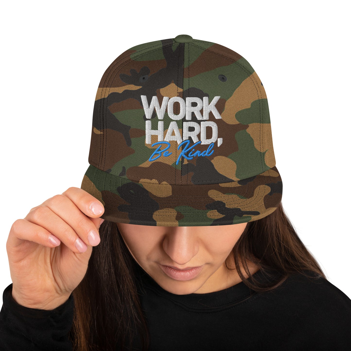 Snapback Hat - Embroidered "Work Hard, Be Kind"