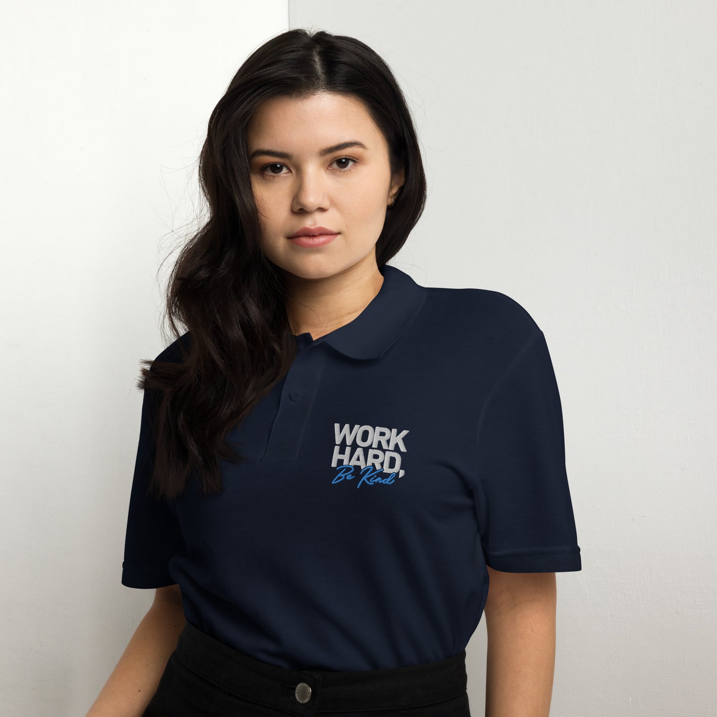 Unisex pique polo shirt - Work Hard, Be Kind (Embroidered)