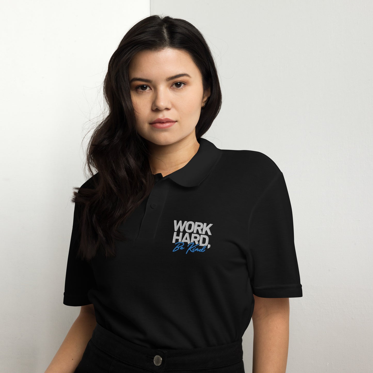 Unisex pique polo shirt - Work Hard, Be Kind (Embroidered)