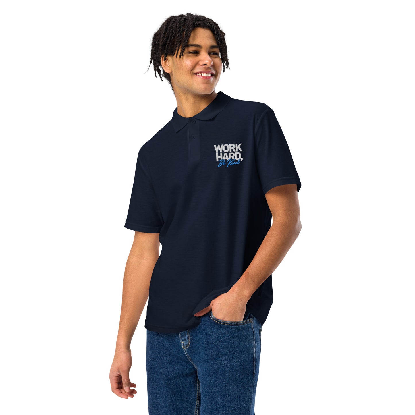 Unisex pique polo shirt - Work Hard, Be Kind (Embroidered)