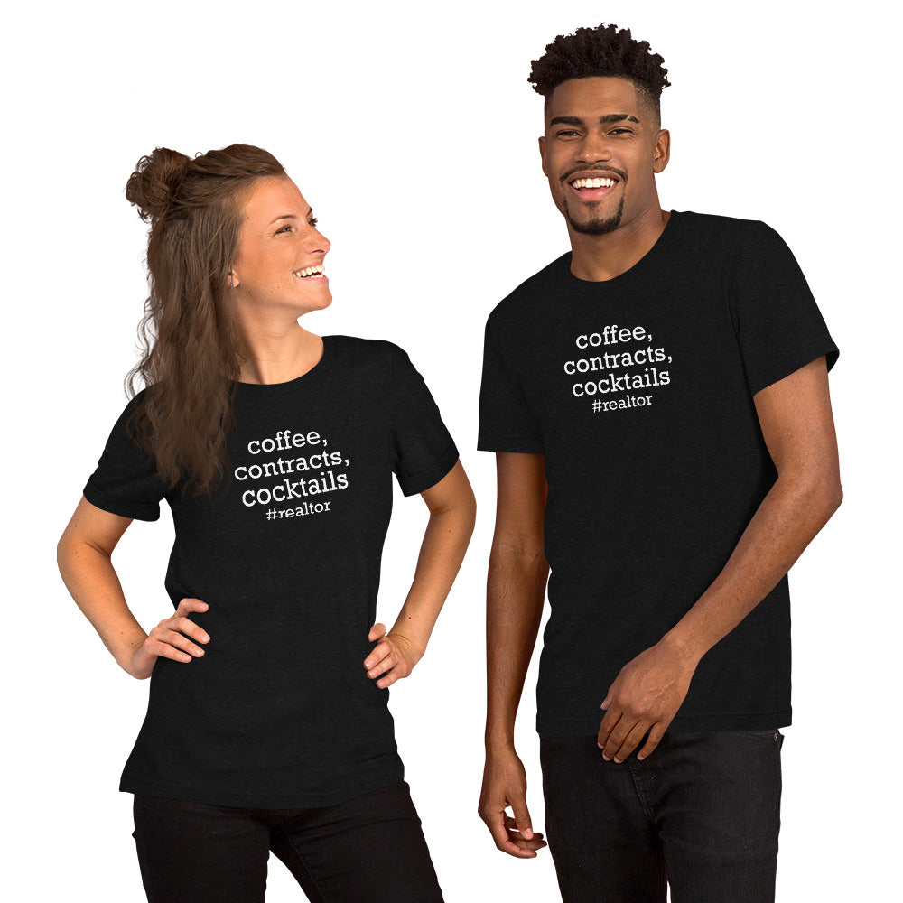 Unisex t-shirt "coffee, contracts, cocktails"