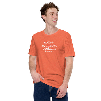 Unisex t-shirt "coffee, contracts, cocktails"