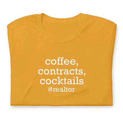 Unisex t-shirt "coffee, contracts, cocktails"