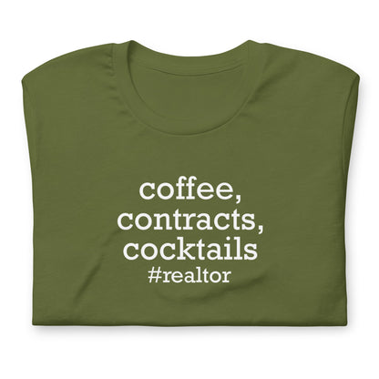 Unisex t-shirt "coffee, contracts, cocktails"